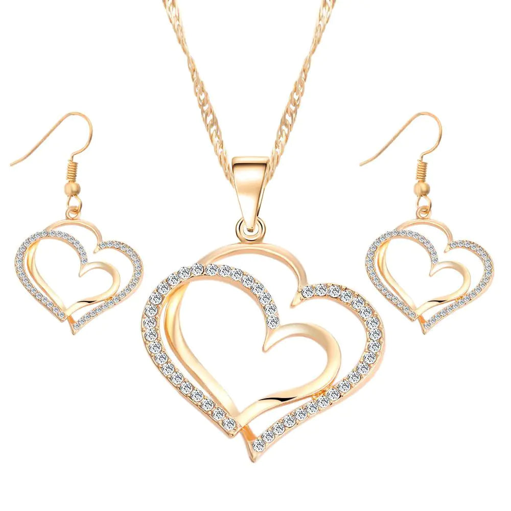 Double Heart Earrings and Necklace Wedding Set