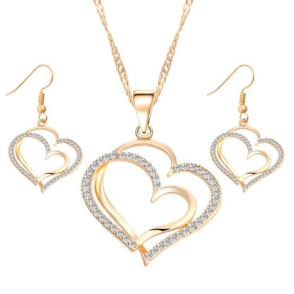 Double Heart Earrings and Necklace Wedding Set