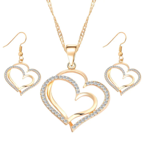 Double Heart Earrings and Necklace Wedding Set