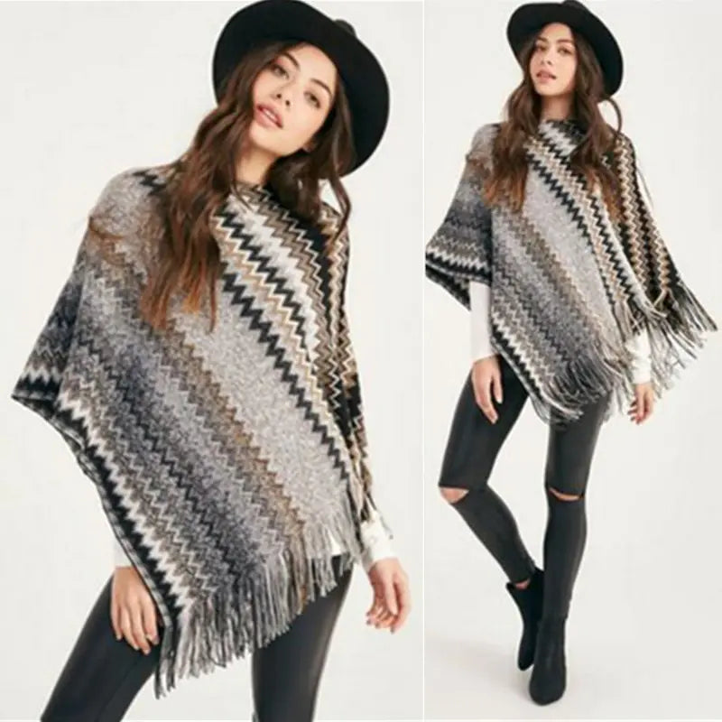 Wavy Batwing Knit Poncho with Fringe Sweater Coat