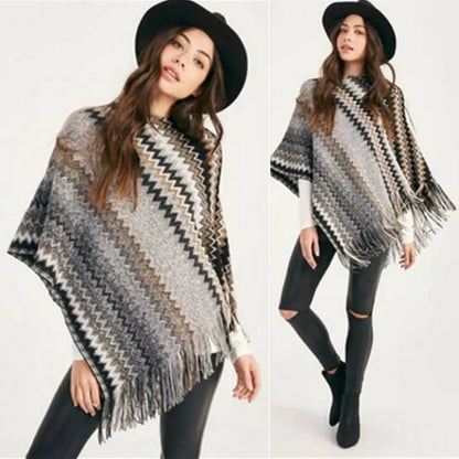 Wavy Batwing Knit Poncho with Fringe Sweater Coat