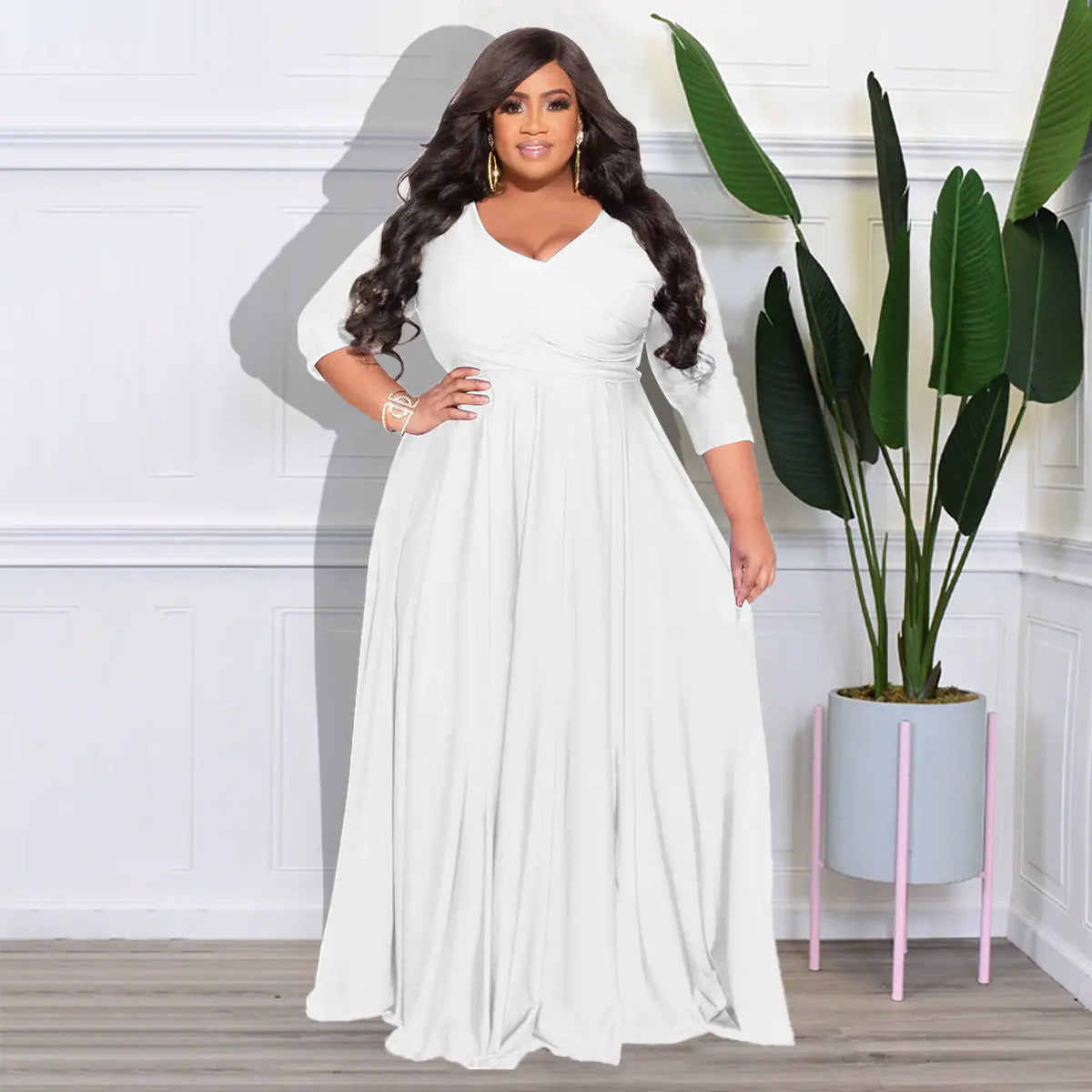 Plus Size V-Neck Elegant Wedding Dress Long Skirt