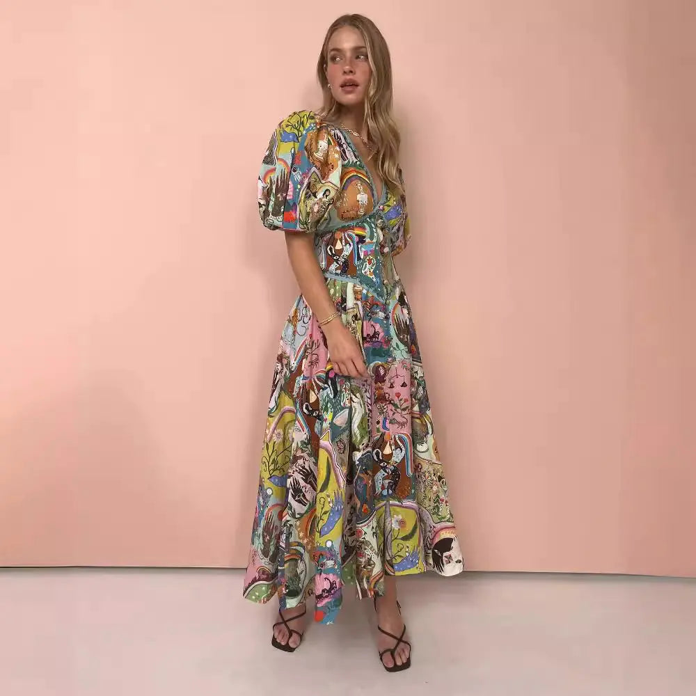 Vestido de lino y algodón estampado con cuello en V