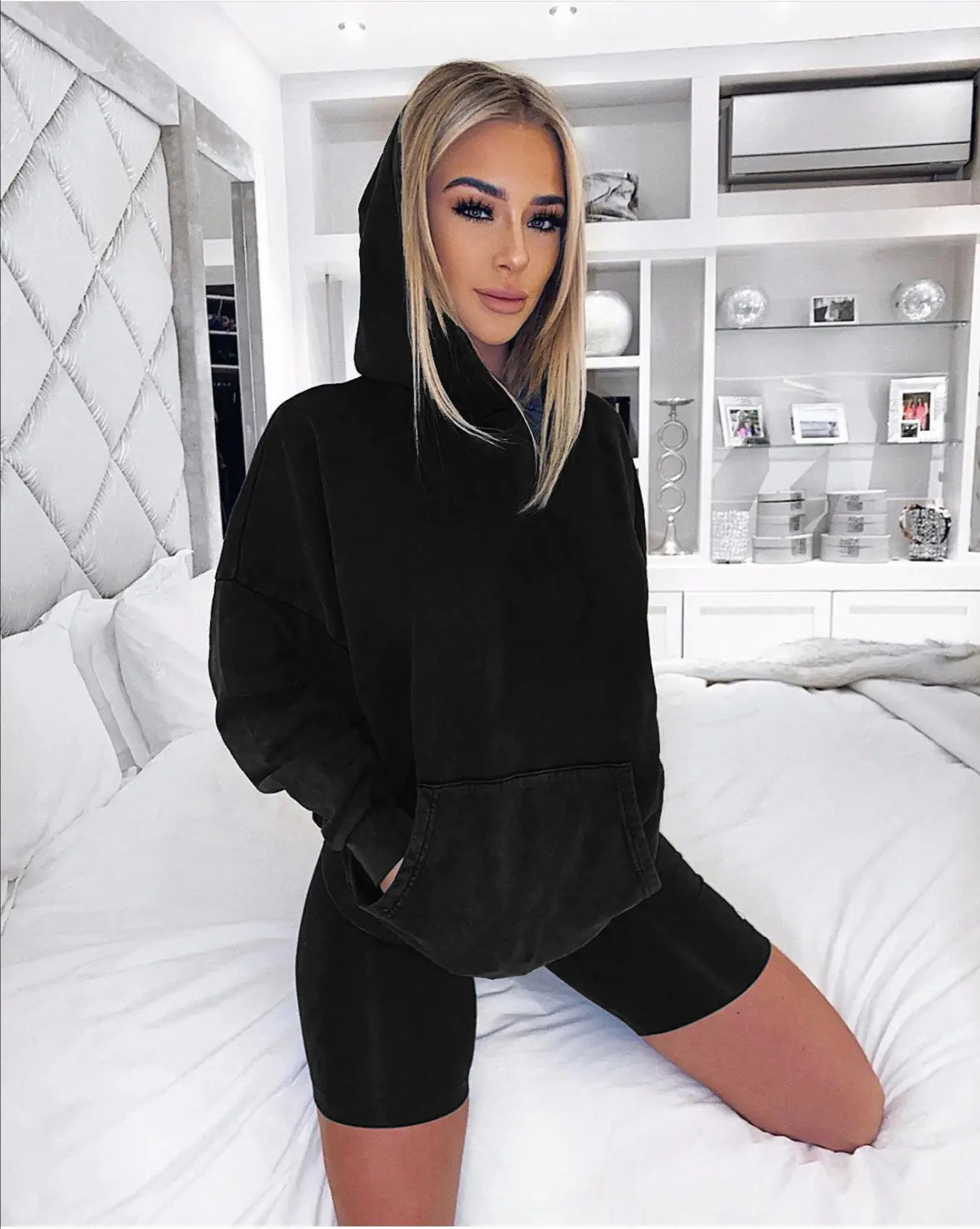 Conjunto de Sudadera con Capucha y Pantalones Cortos Informales de Verano para Mujer