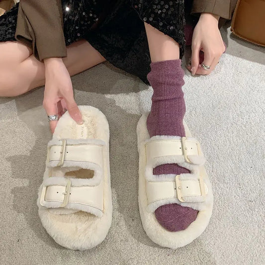 Women's Furry Fleece-lined Cotton Slippers with Belt Buckle