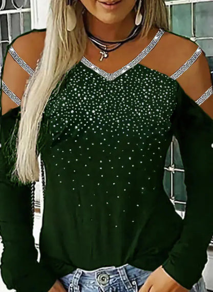 Multicolor Women's Long Sleeve V-Neck Rhinestone Top