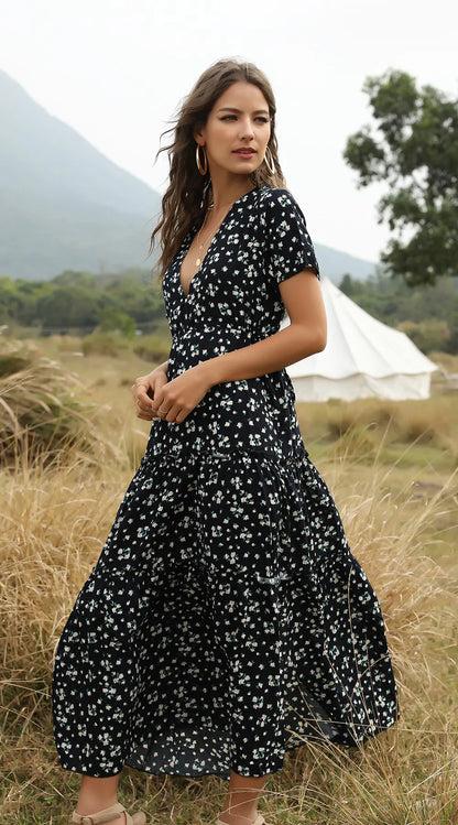 Bohemian Ruffled Floral Maxi Dress with V-Neck
