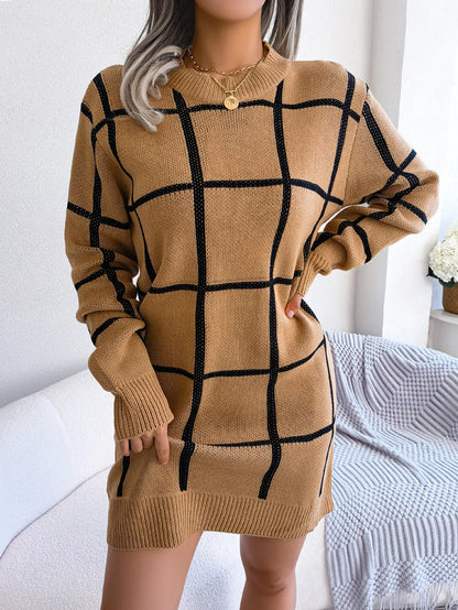 Casual Color-Contrast Plaid Long Sleeve Sweater Dress