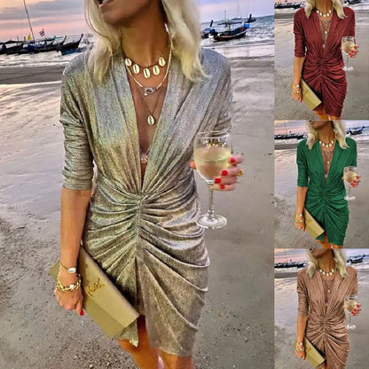 V-neck Pleated Long Sleeve Dress for Spring/Summer