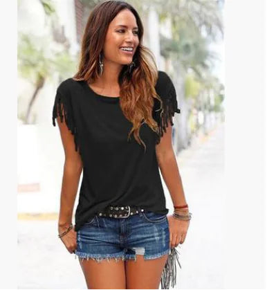 Plus Size Women's Short Sleeve Fringe T-Shirt Top