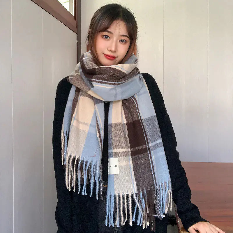 Versatile Retro Plaid Scarf with Tassels for Women