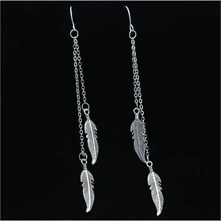 Trendy Leaf Earrings with Tassel Chain and Feathers