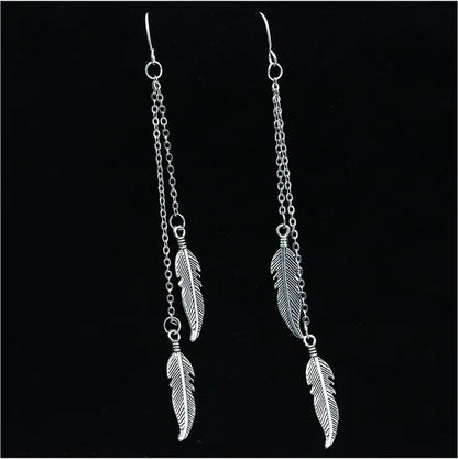 Trendy Leaf Earrings with Tassel Chain and Feathers
