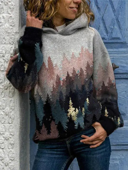 Hooded Long Sleeve Casual Digital Print Sweater for Women