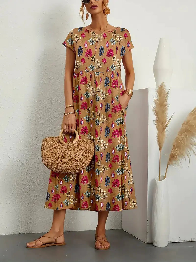 Loose Cotton Linen Sleeveless Printed Summer Dress
