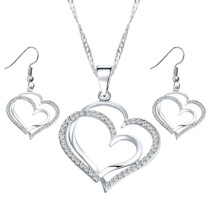 Double Heart Earrings and Necklace Wedding Set