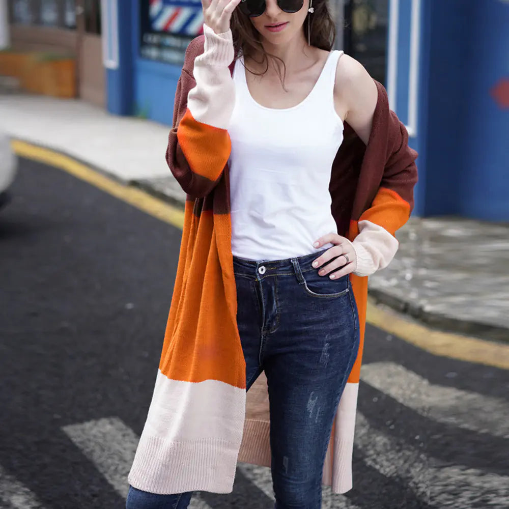 Striped Knit Long Cardigan Sweater for Women