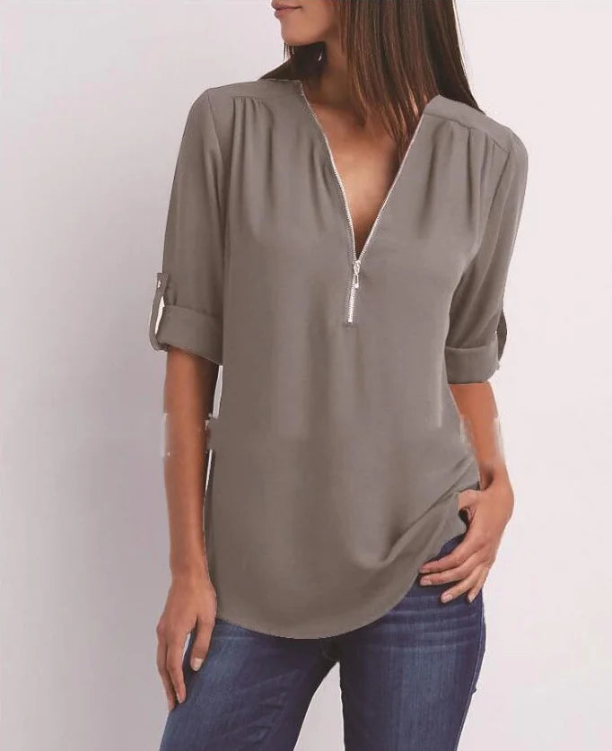 Plus Size V-Neck Long Sleeve Zip Chiffon Shirt