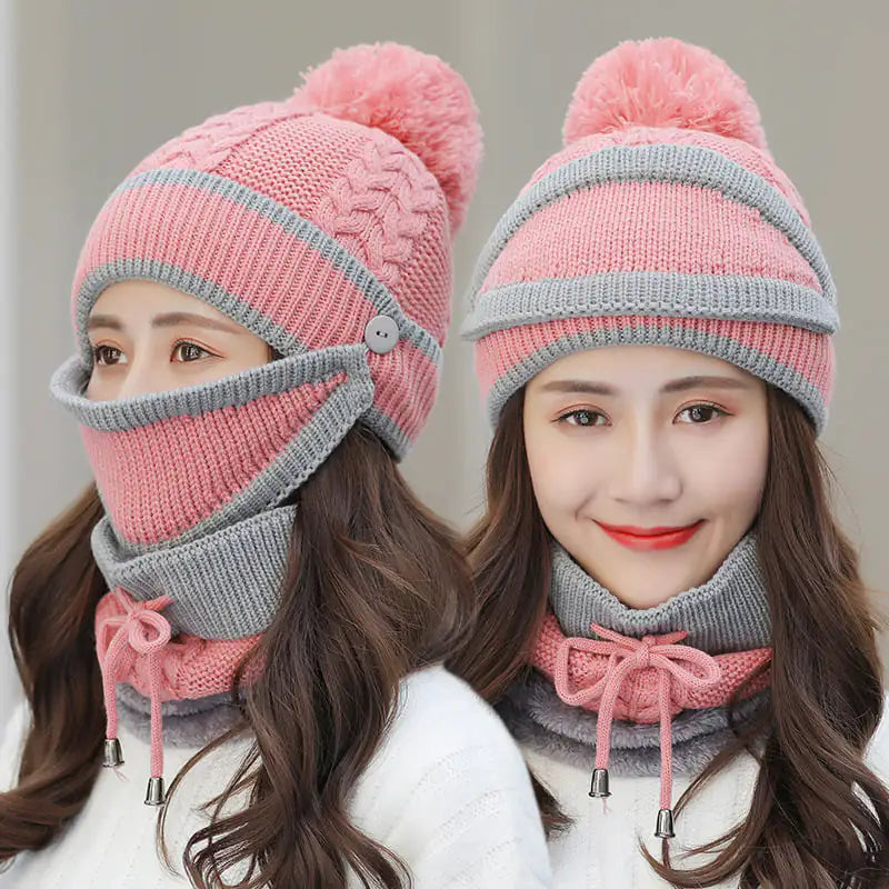 Women's Warm Knitted Beanie Hat and Scarf Set (3pcs)