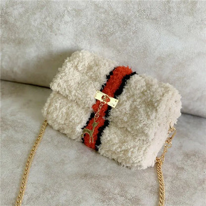 Bolso de Hombro de Peluche Forrado de Lana Tejido a Mano