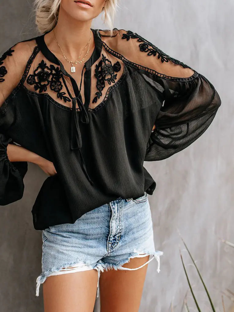 Sexy Sheer V-Neck Lace Blouse Shirt for Women