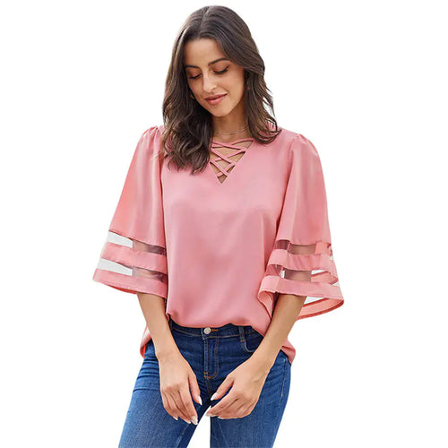 Mesh Stitching V-Neck T-Shirt for Women