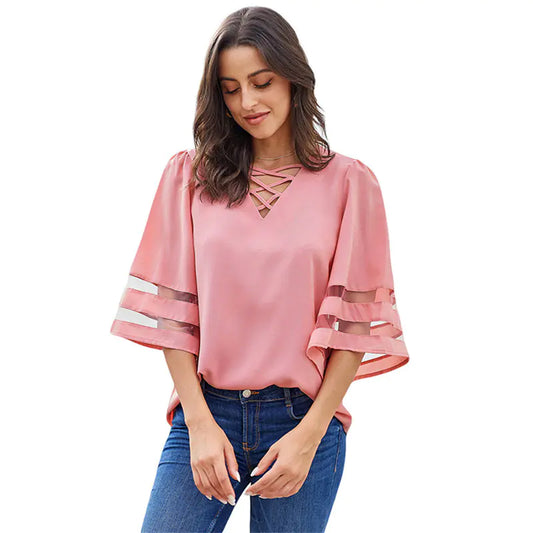 Mesh Stitching V-Neck T-Shirt for Women