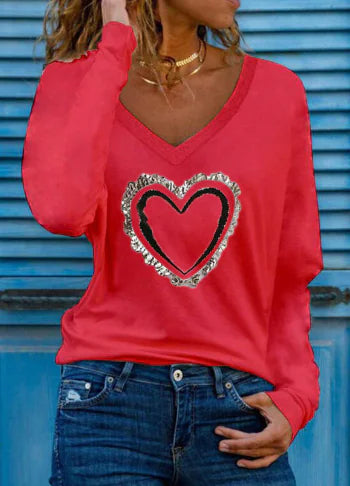 Heart Pattern V-neck Long-sleeve Women's T-shirt