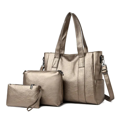 Classic Solid Color Faux Leather Bag Set (Large Capacity)