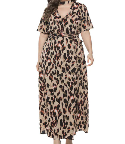 Plus Size Leopard Print V-Neck Beach Maxi Dress