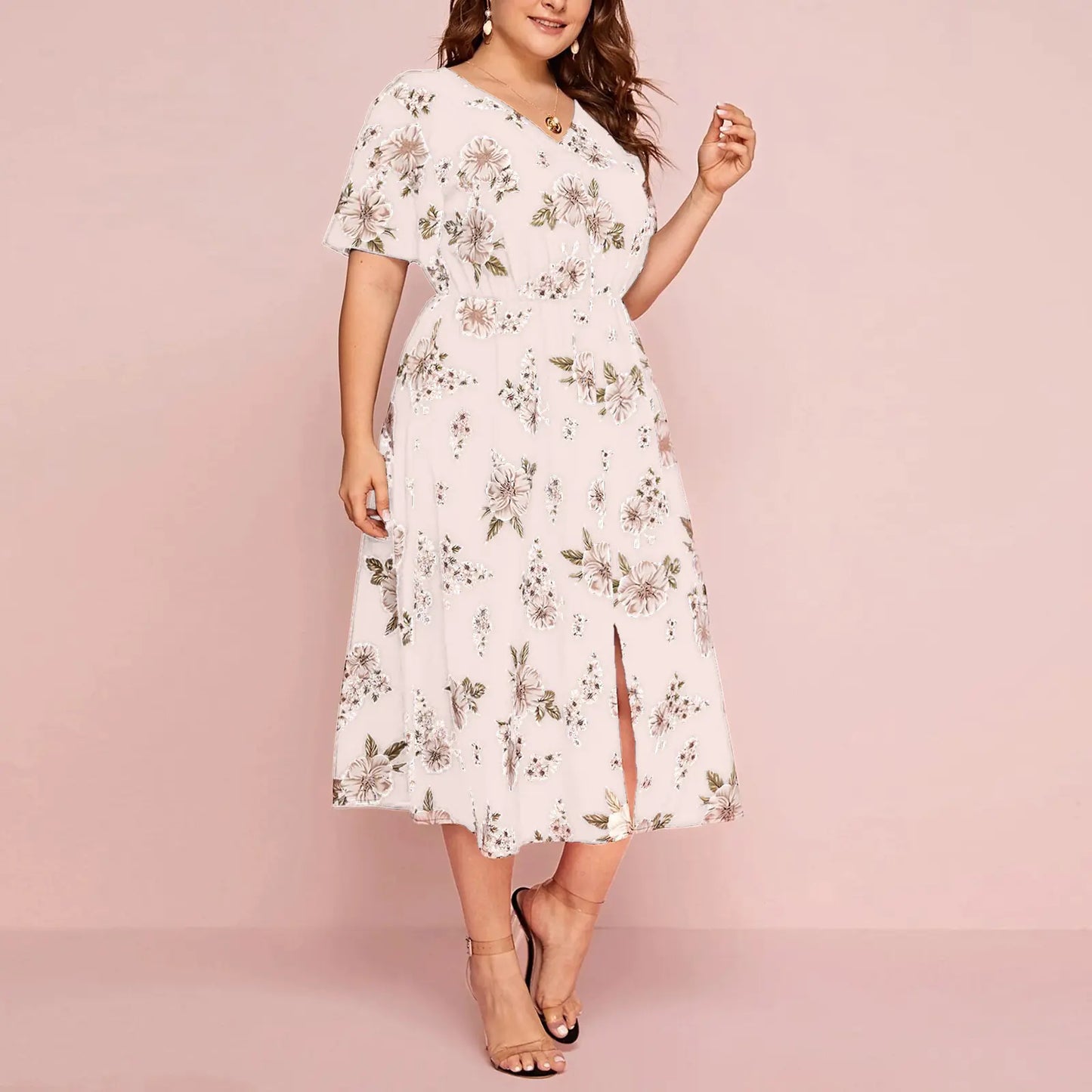 Plus Size Floral Print V-Neck Short Sleeve Dress
