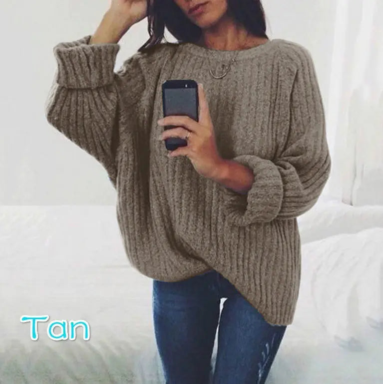 Women's Solid Color Round Neck Sweater Top - Trendy Attic Store01