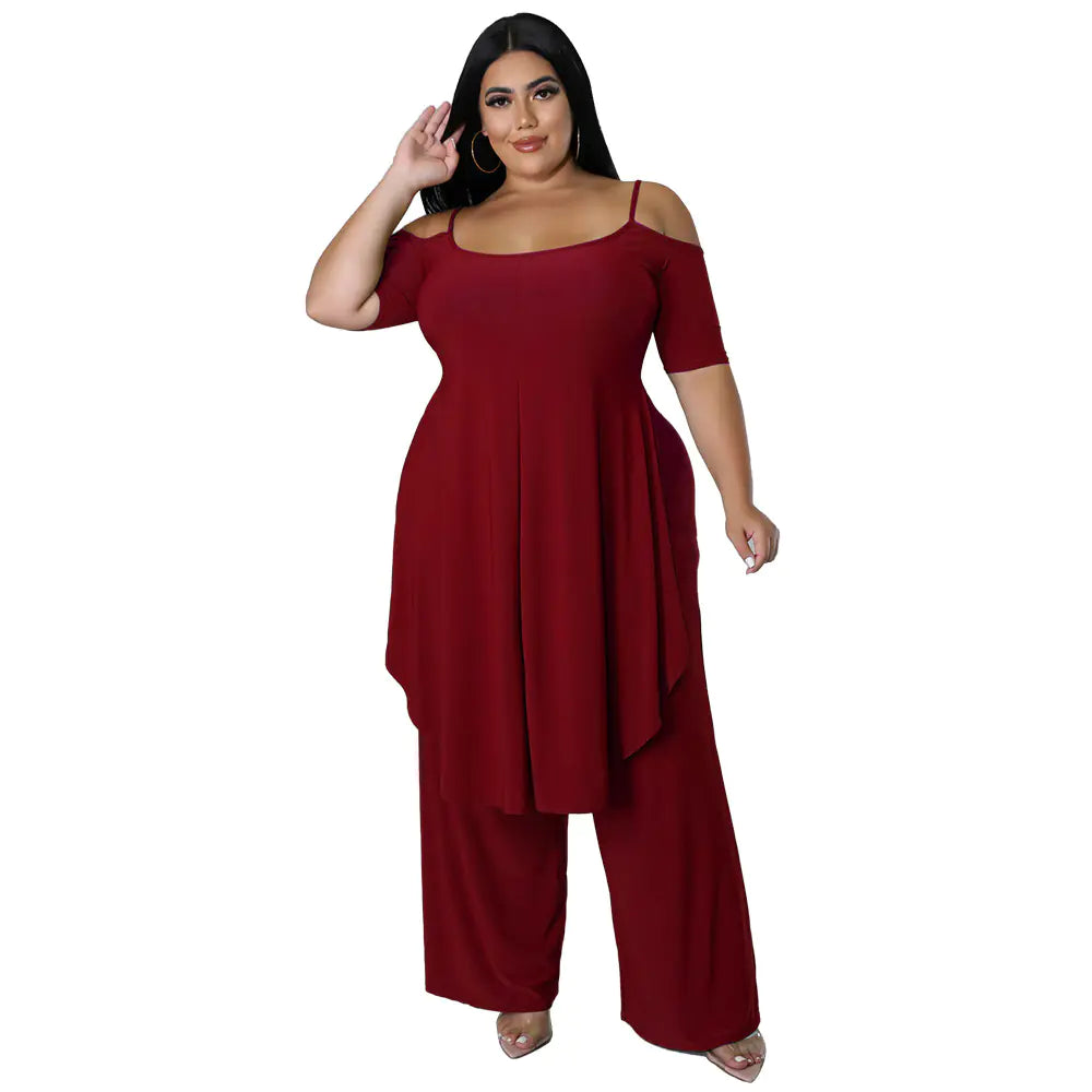 Plus Size Cold Shoulder Top & Wide Leg Pants Set - Trendy Attic Store01