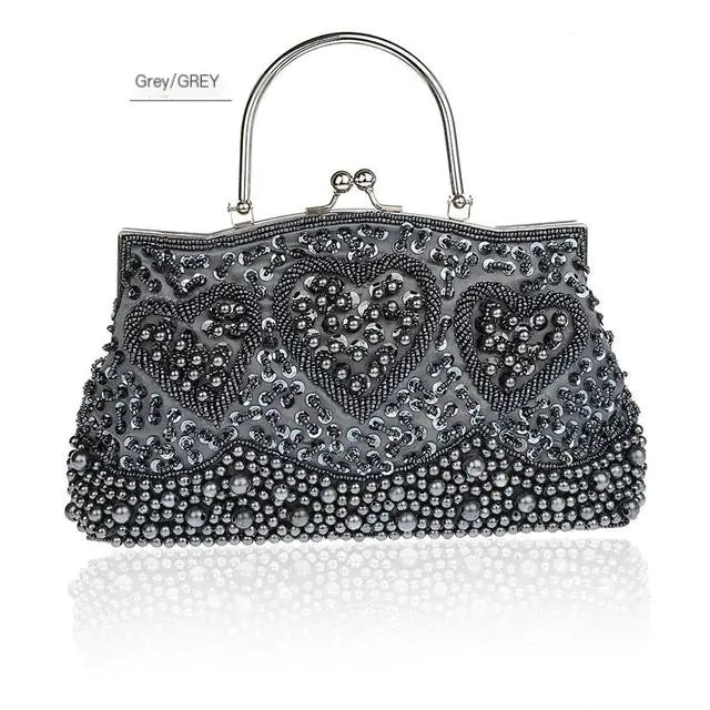 Gray Beaded Sequined Embroidery Shoulder Bag Clutch