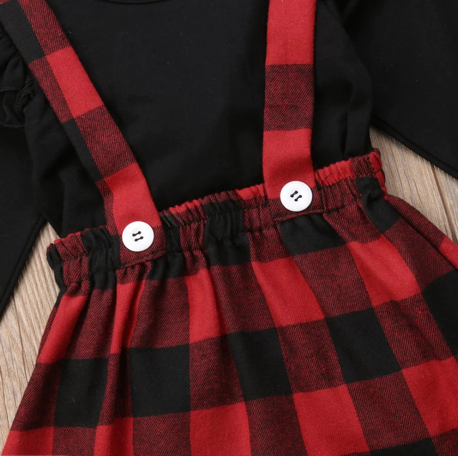 Black Long Sleeve Plaid Pinafore Dress Set for Girls