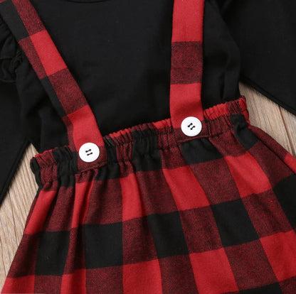 Black Long Sleeve Plaid Pinafore Dress Set for Girls