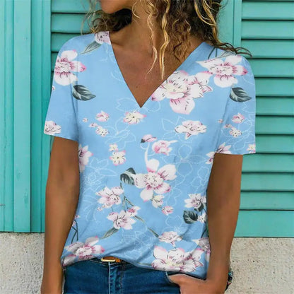 Women's V-Neck Short Sleeve Flower Print T-Shirt