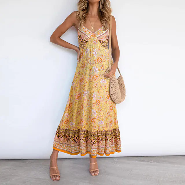 Damen lässiges Boho Blumen V-Ausschnitt Sommerkleid
