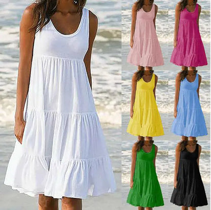 Sleeveless A-Line Beach Dress with Round Neck - Trendy Attic Store01