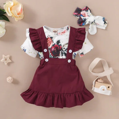 Red Floral Print Suspender Dress for Kids (Two-Piece Set)