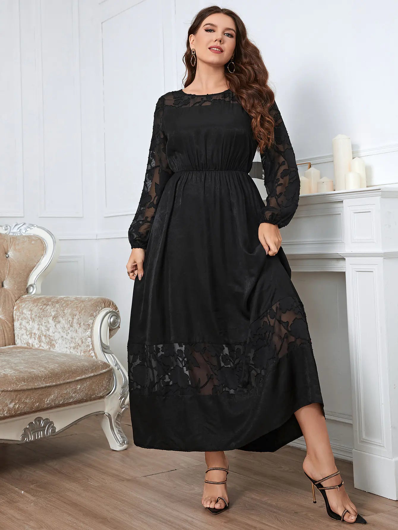 Plus Size Lace Midi Dress for Fall - Long Sleeve Elegance