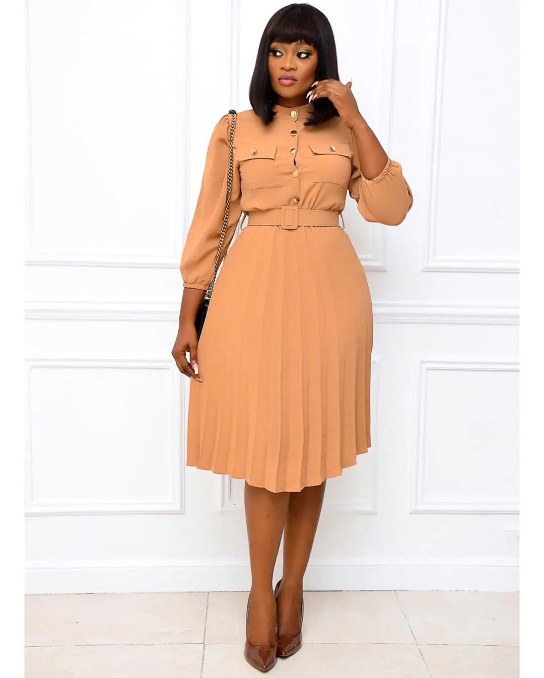 Plus Size Solid Color Midi Dress for Women