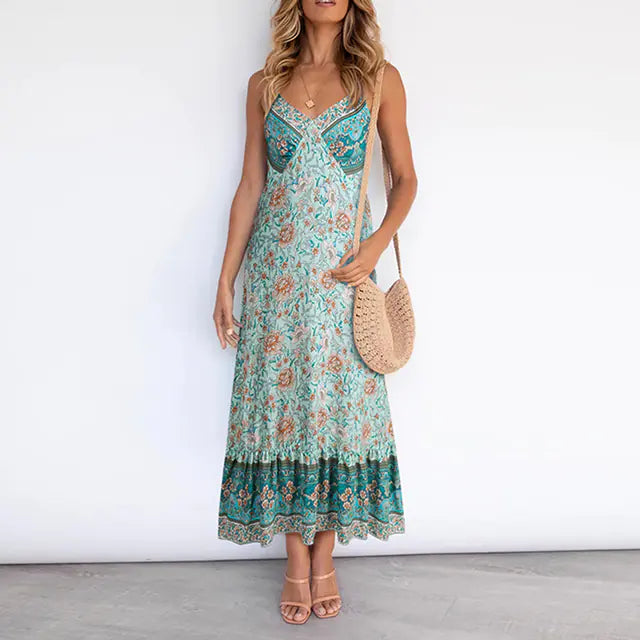 Damen lässiges Boho Blumen V-Ausschnitt Sommerkleid