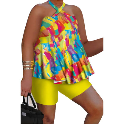 Plus Size Women's Graffiti Print Halter Top & Shorts Set