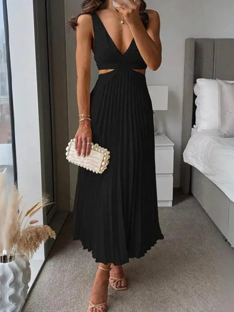 Pleated V-Neck Hollow Waist Long Dress