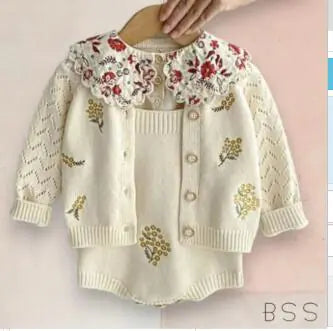Gold Knitted Set for Baby Girls with Floral Design (One Set)