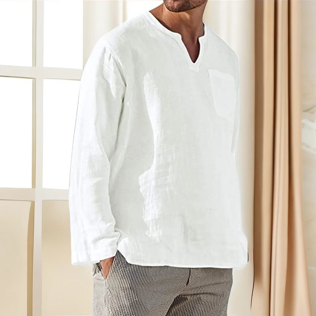 Men's Plus Size Long Sleeve V Neck Beach Linen Shirt