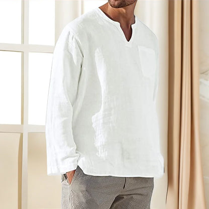 Men's Plus Size Long Sleeve V Neck Beach Linen Shirt
