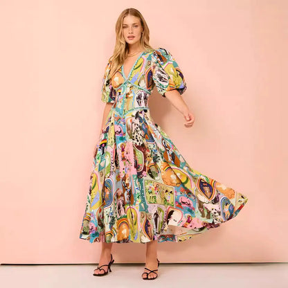 Vestido de lino y algodón estampado con cuello en V
