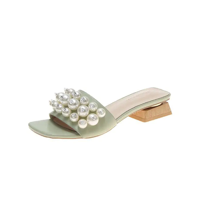 Beaded Rhinestone Women's Sandals with Thick Heel
